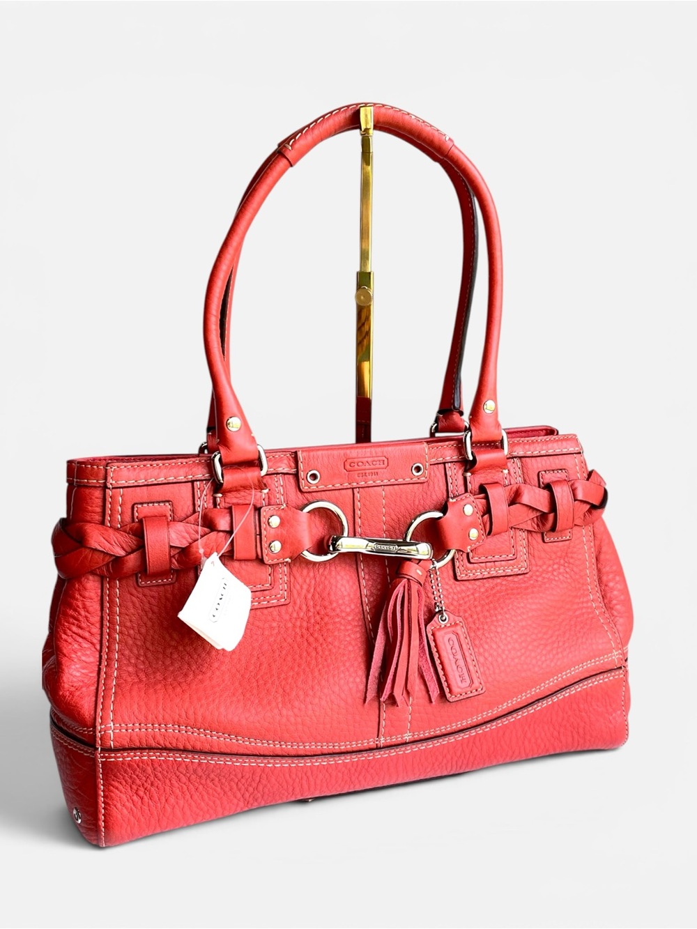 Coach Hamilton Braided Belted Leather Carryall in Coral Salmon